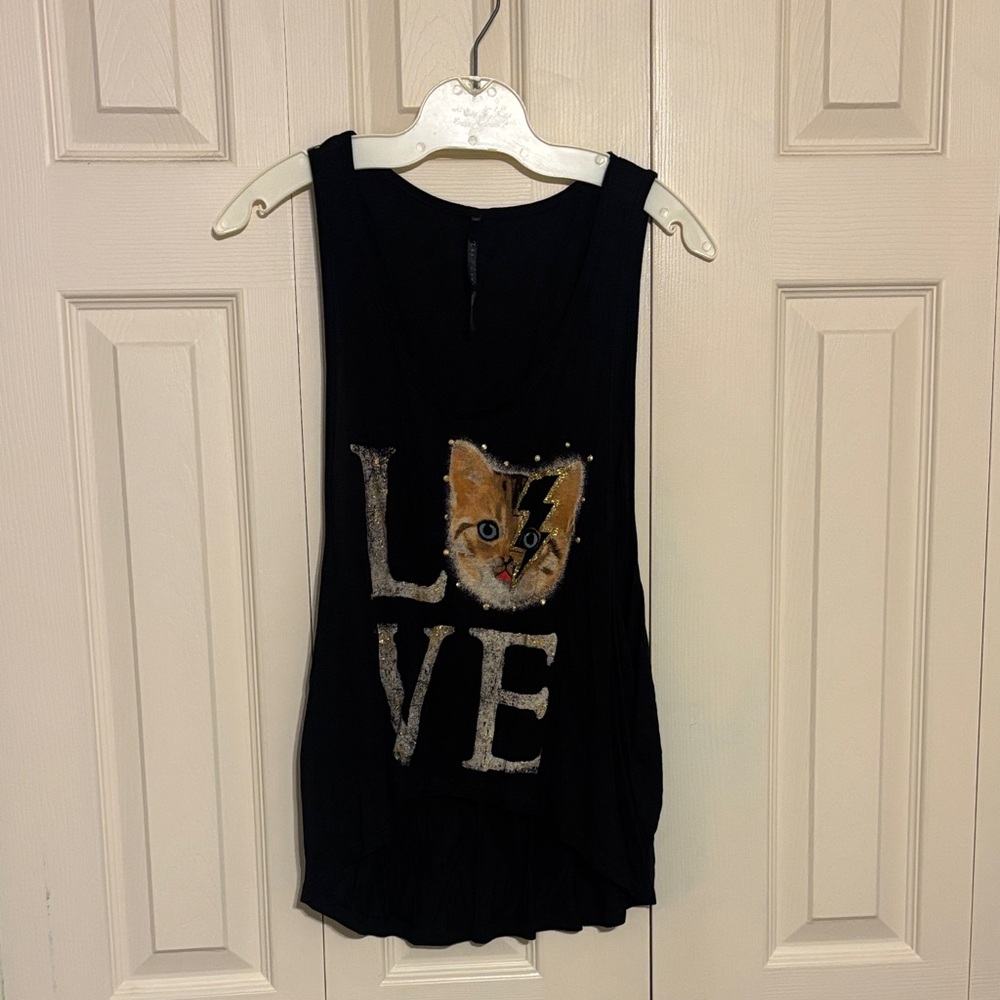 Black Tank Top with Cat Love Design
